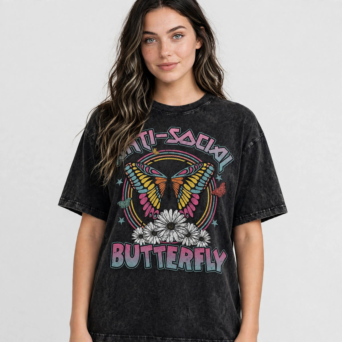 Anti-Social Butterfly Acid Washed Oversized Tee – 200 GSM – worn by female model, front view