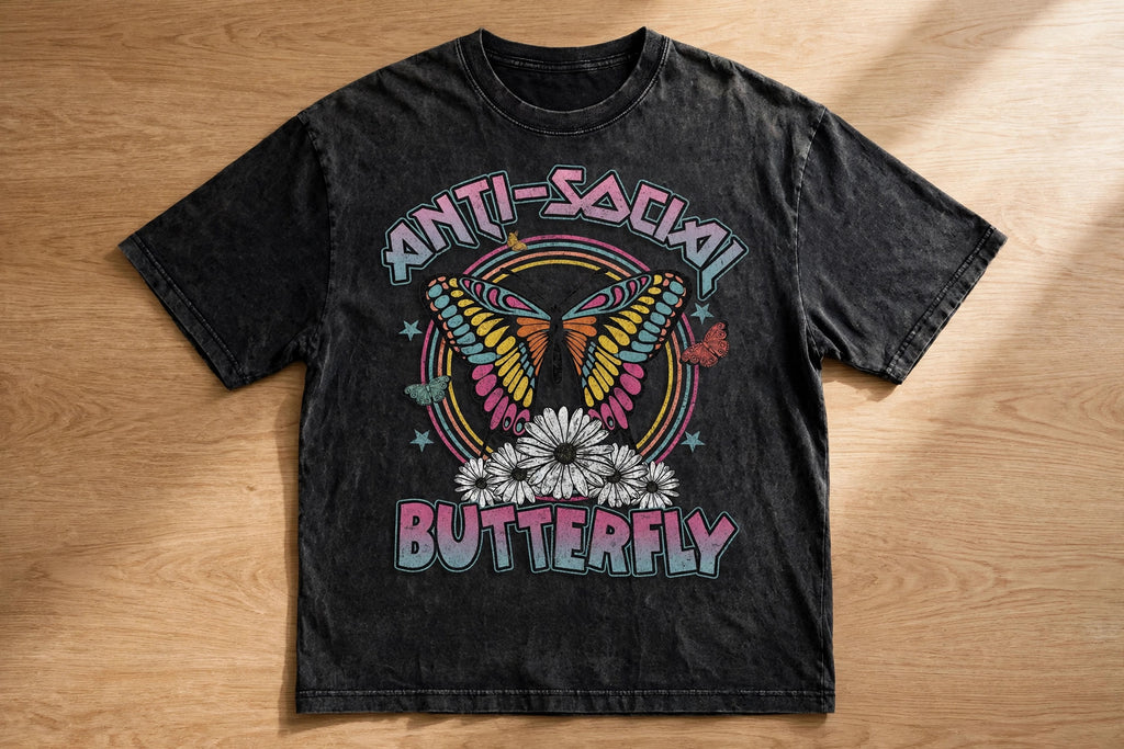 Anti-Social Butterfly Acid Washed Oversized Tee – 200 GSM – flat-lay table view