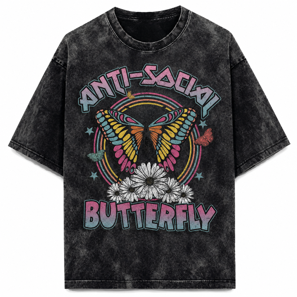 Anti-Social Butterfly Acid Washed Oversized Tee – 200 GSM – front view