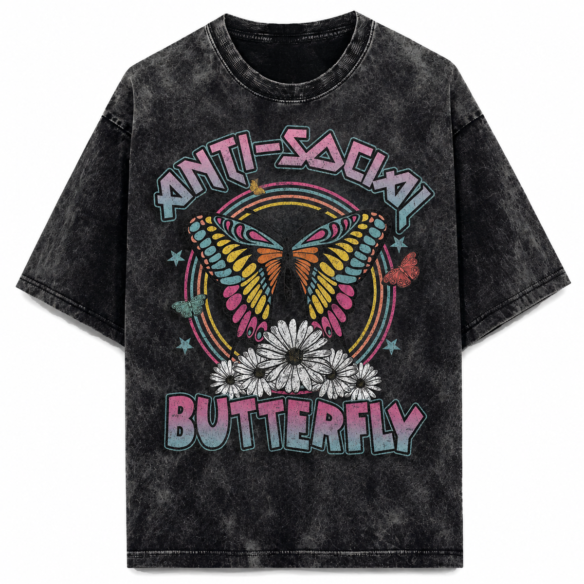 Anti-Social Butterfly Acid Washed Oversized Tee – 200 GSM – front view