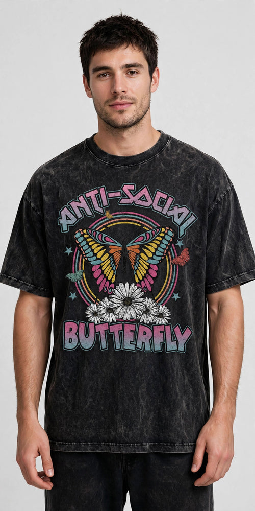 Anti-Social Butterfly Acid Washed Oversized Tee – 200 GSM – worn by male model, front view