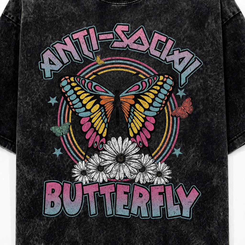 Anti-Social Butterfly Acid Washed Oversized Tee – 200 GSM – print detail zoom