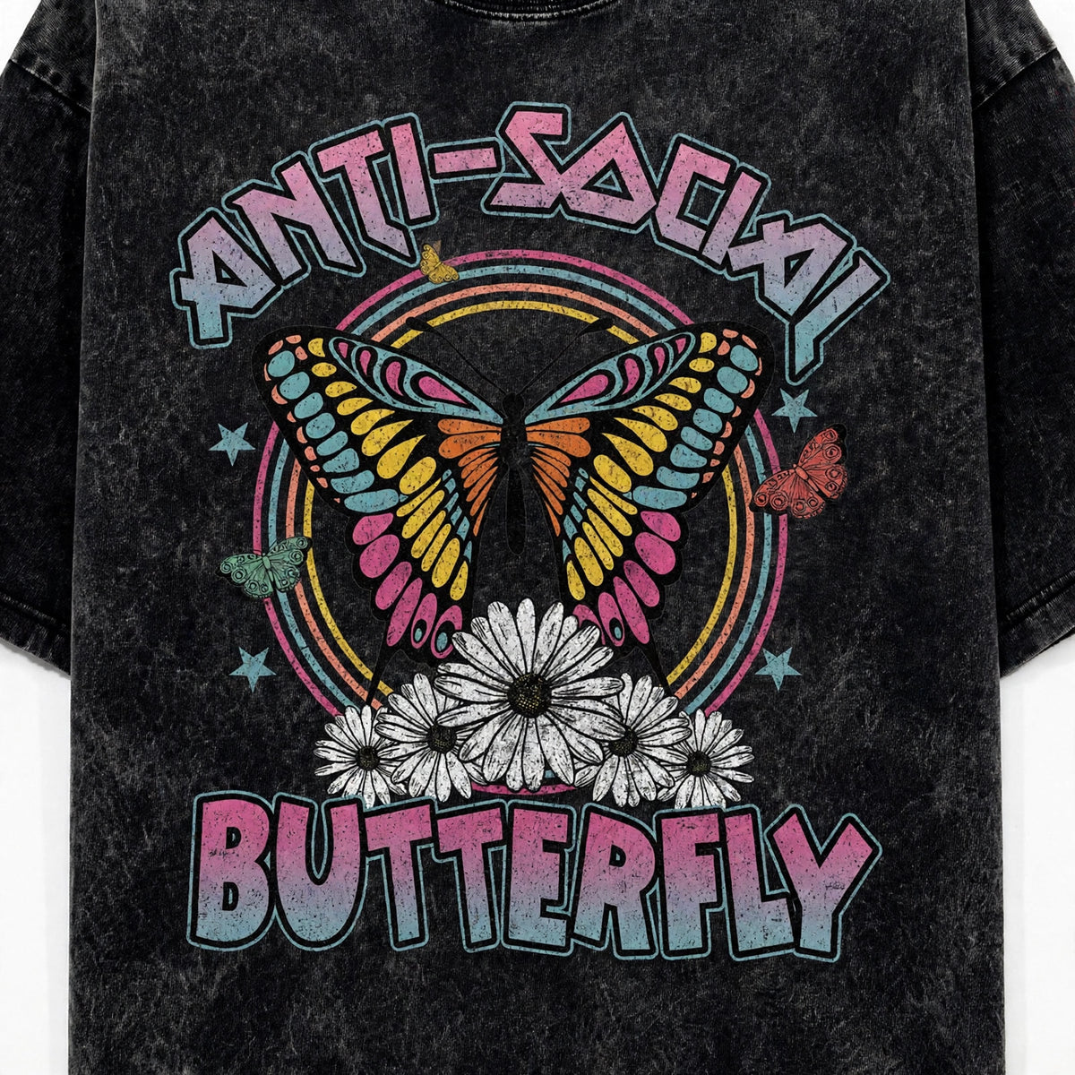 Anti-Social Butterfly Acid Washed Oversized Tee – 200 GSM – print detail zoom