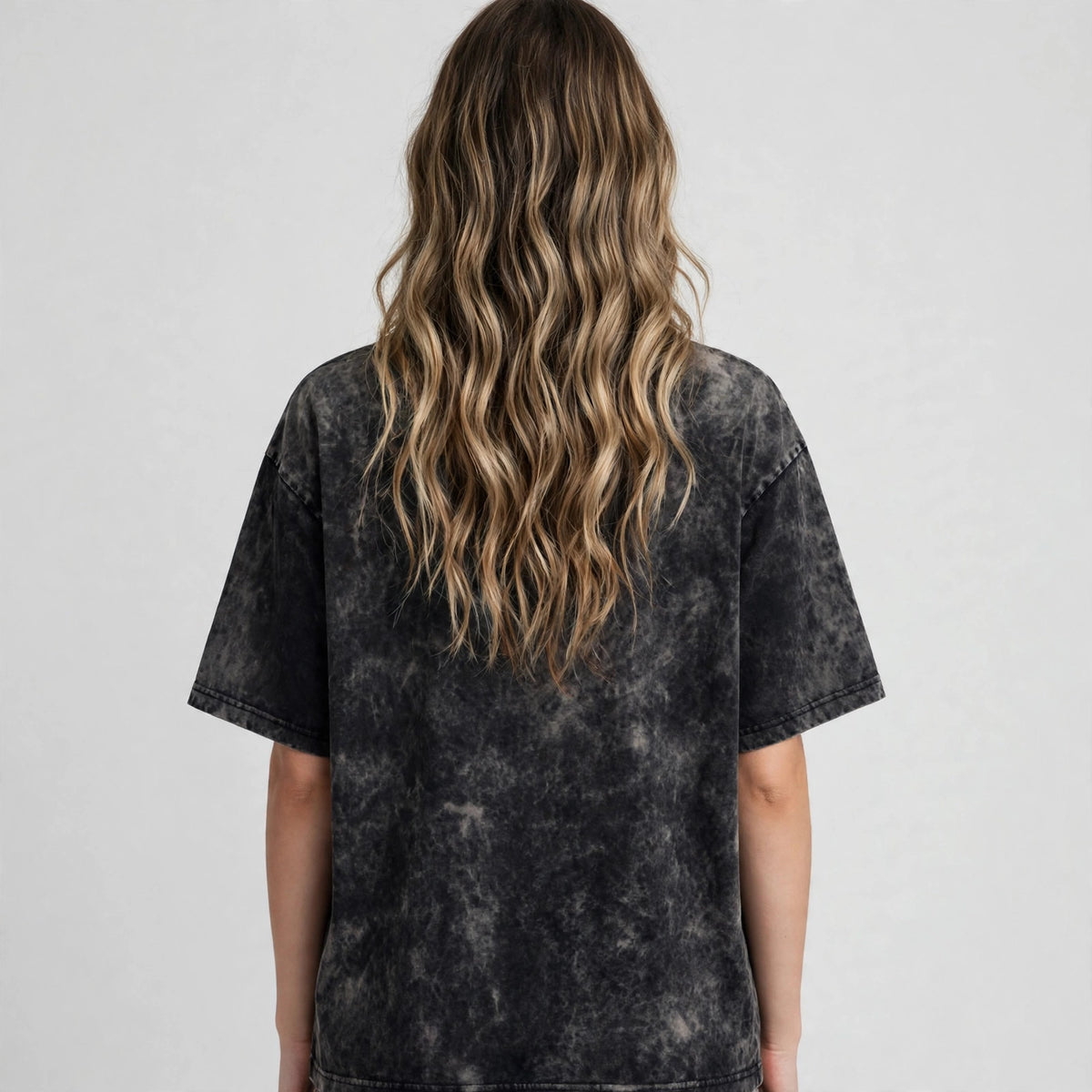 Crimson Gaze Acid Washed Oversized Tee – 200 GSM – worn by female model, back view