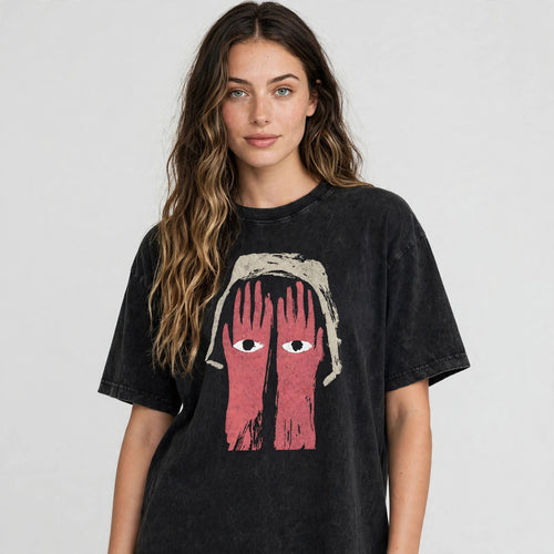 Crimson Gaze Acid Washed Oversized Tee – 200 GSM – worn by female model, front view