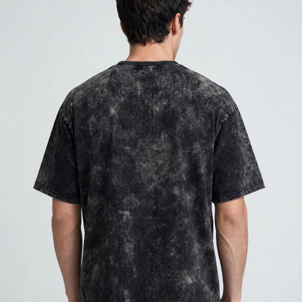Crimson Gaze Acid Washed Oversized Tee – 200 GSM – worn by male model, back view