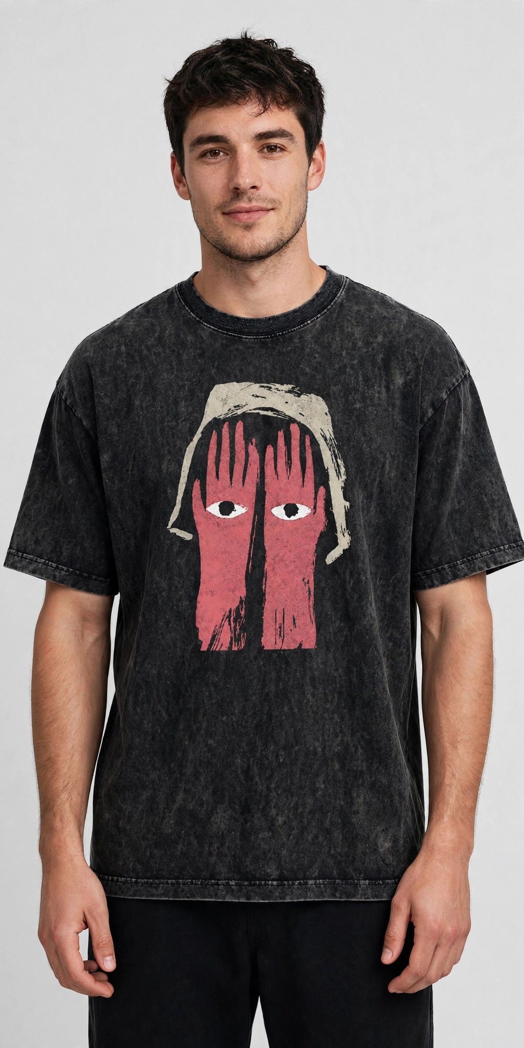 Crimson Gaze Acid Washed Oversized Tee – 200 GSM – worn by male model, front view