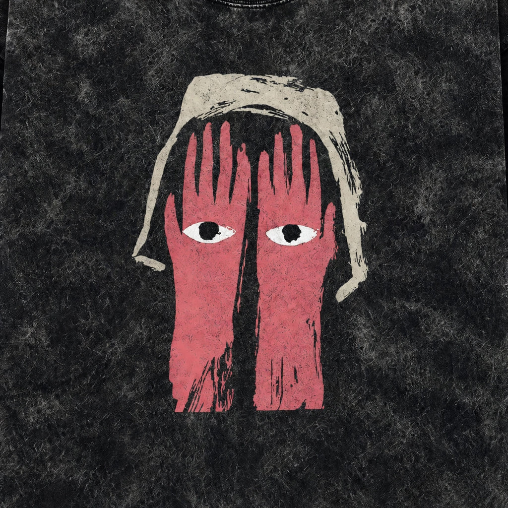 Crimson Gaze Acid Washed Oversized Tee – 200 GSM – print detail zoom