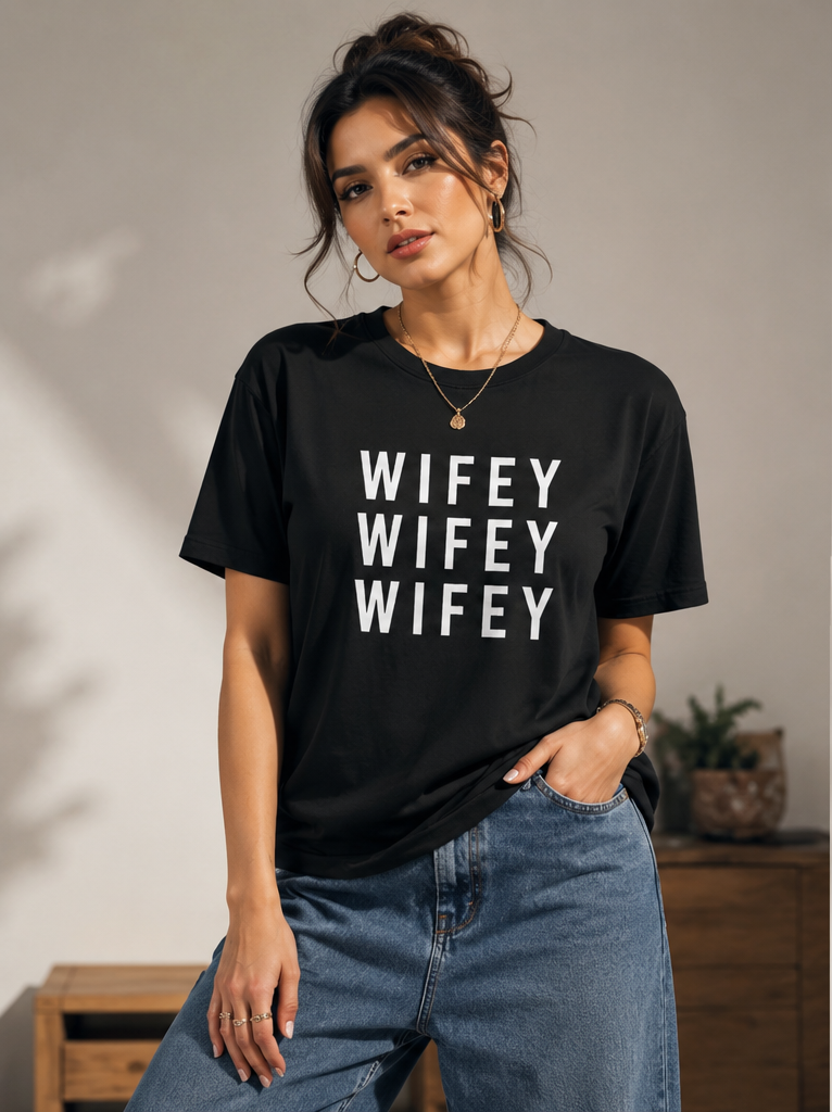 Sniper / Wifey Couple T-Shirt Set – 180 GSM – worn by actress, front view — WIFEY