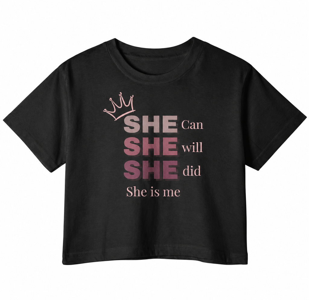 She Is Me Graphic Crop Top – 180 GSM – original artwork, front view