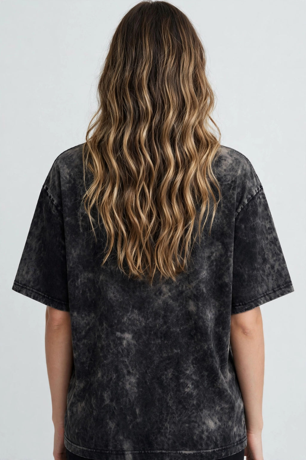 How Can You Acid Washed Oversized Tee – 200 GSM – worn by female model, back view