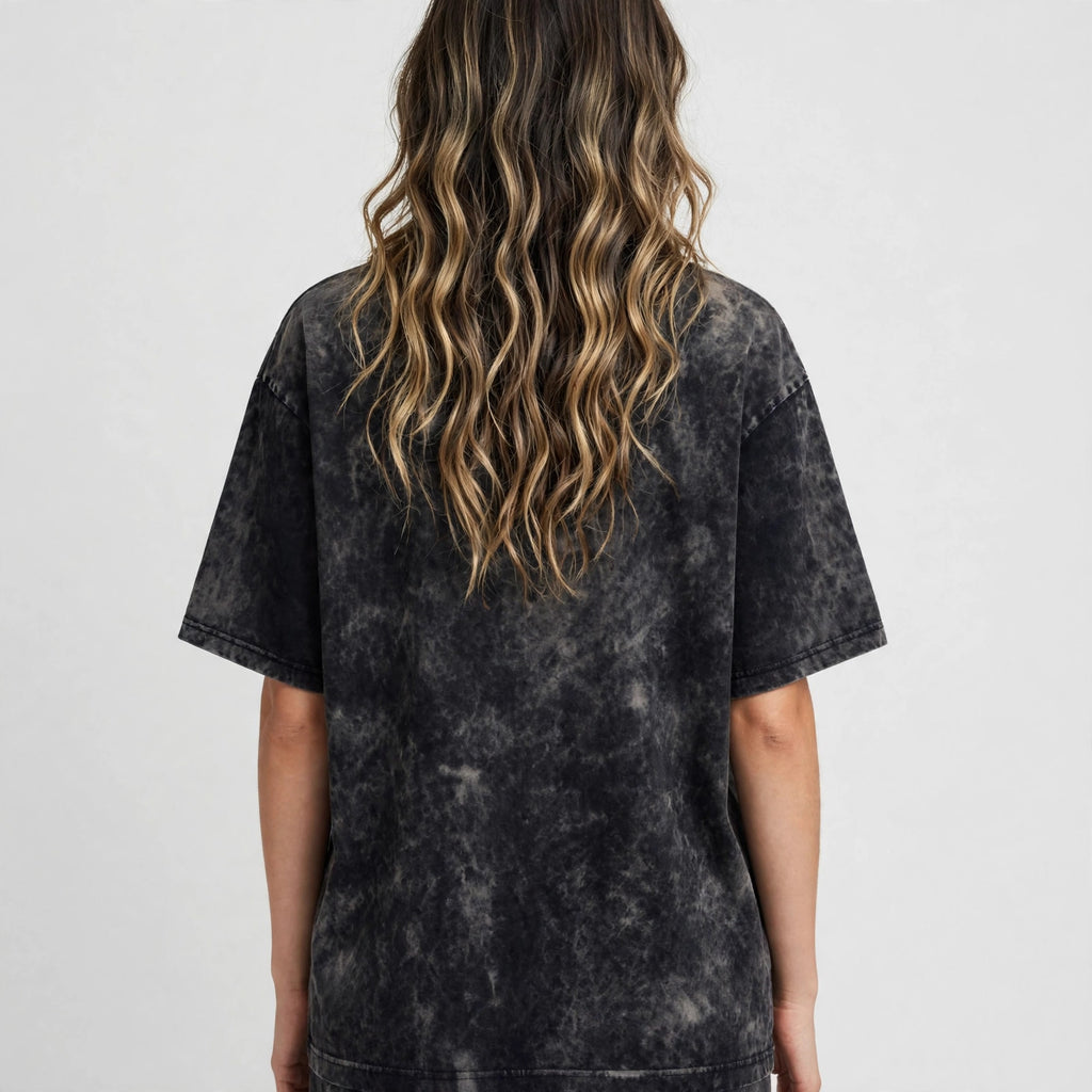 I Like It Acid Washed Oversized Tee – 200 GSM – worn by female model, back view