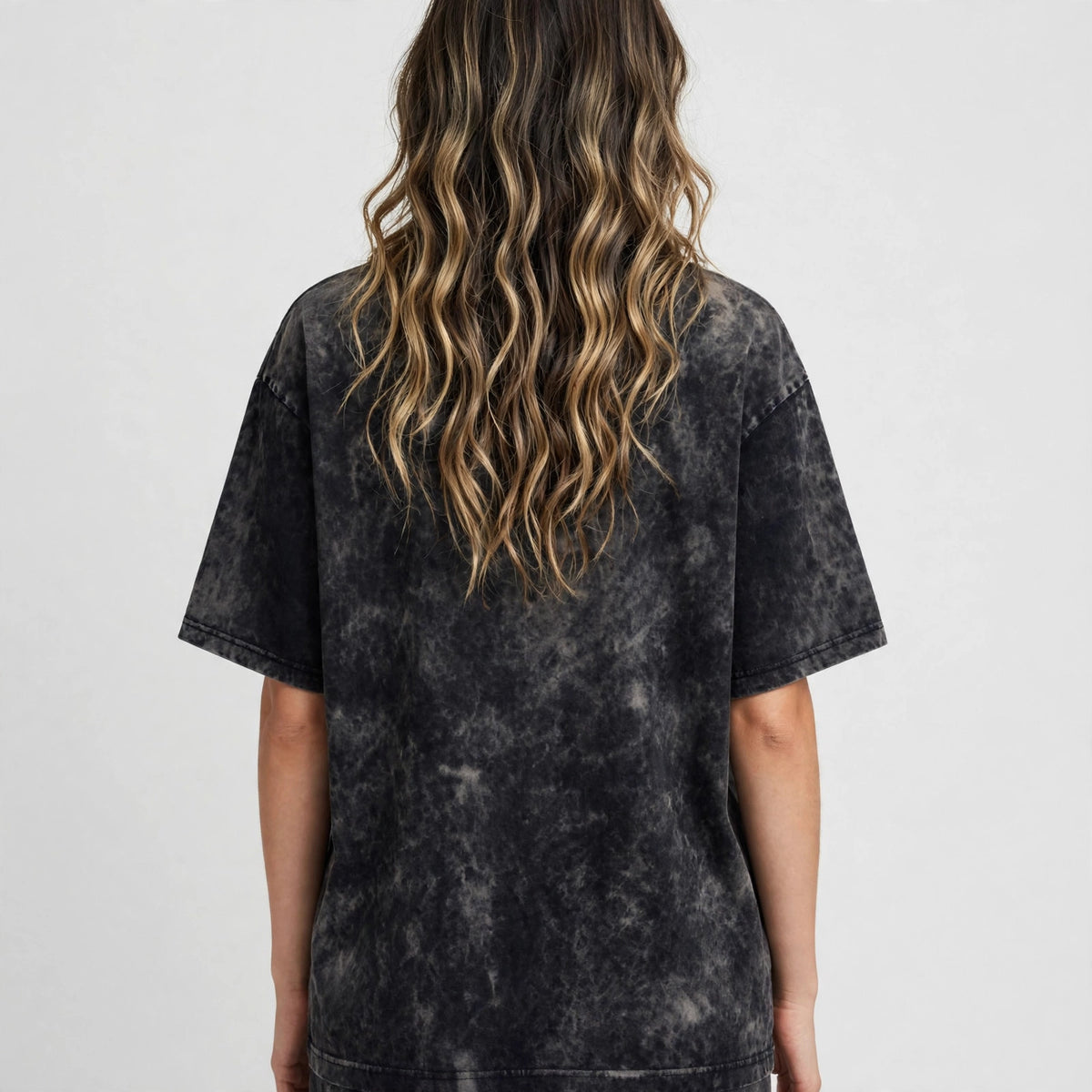 I Like It Acid Washed Oversized Tee – 200 GSM – worn by female model, back view