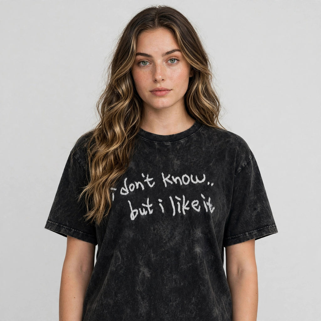 I Like It Acid Washed Oversized Tee – 200 GSM – worn by female model, front view