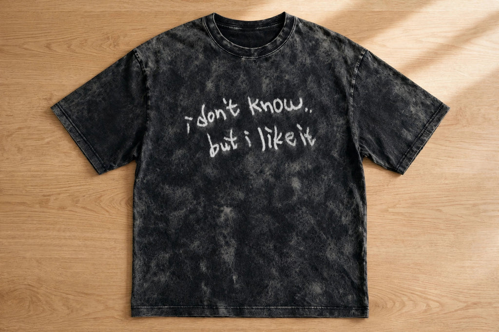 I Like It Acid Washed Oversized Tee – 200 GSM – flat-lay table view