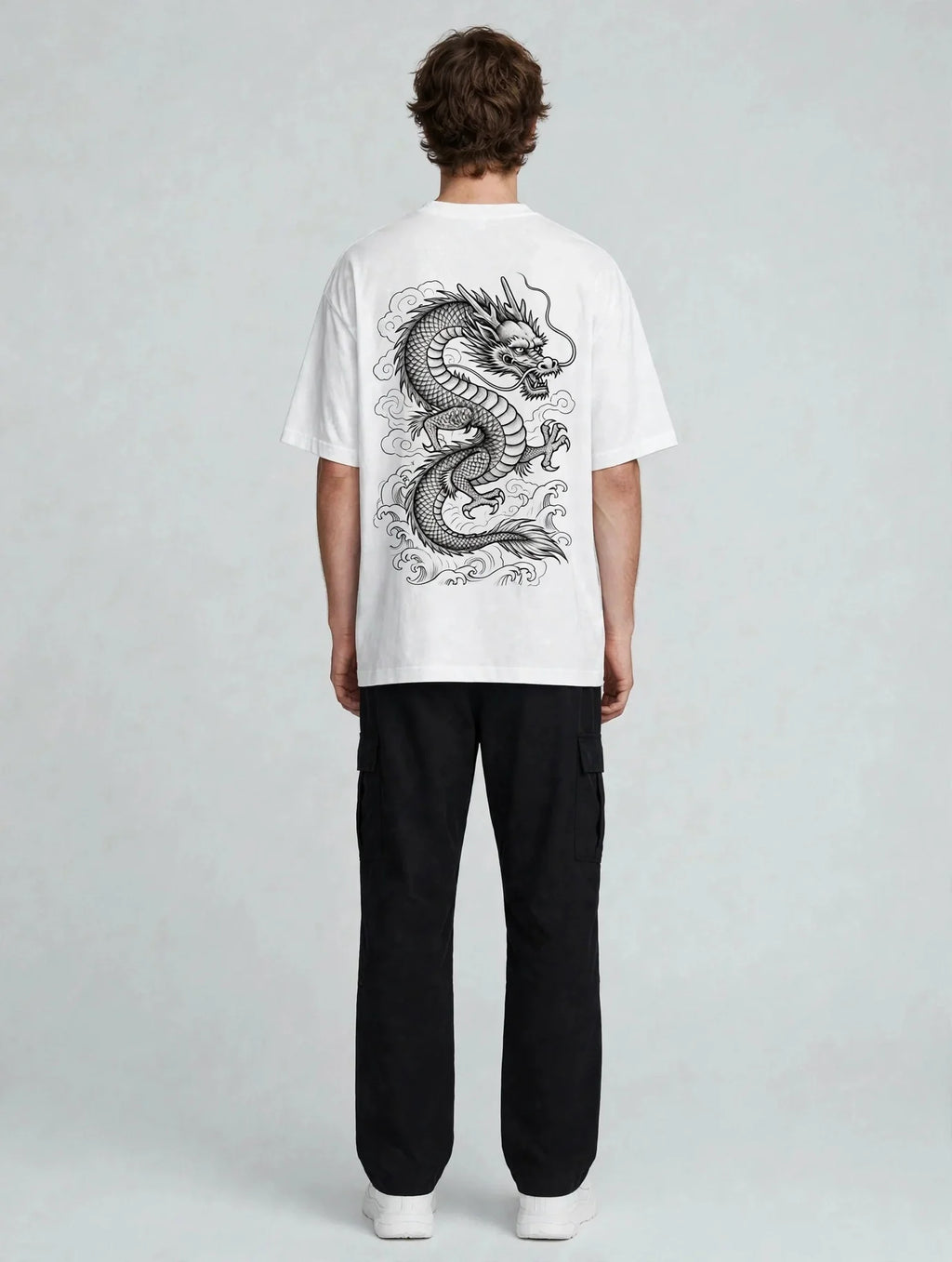 Men White Dragon Graphic Oversized T-Shirt