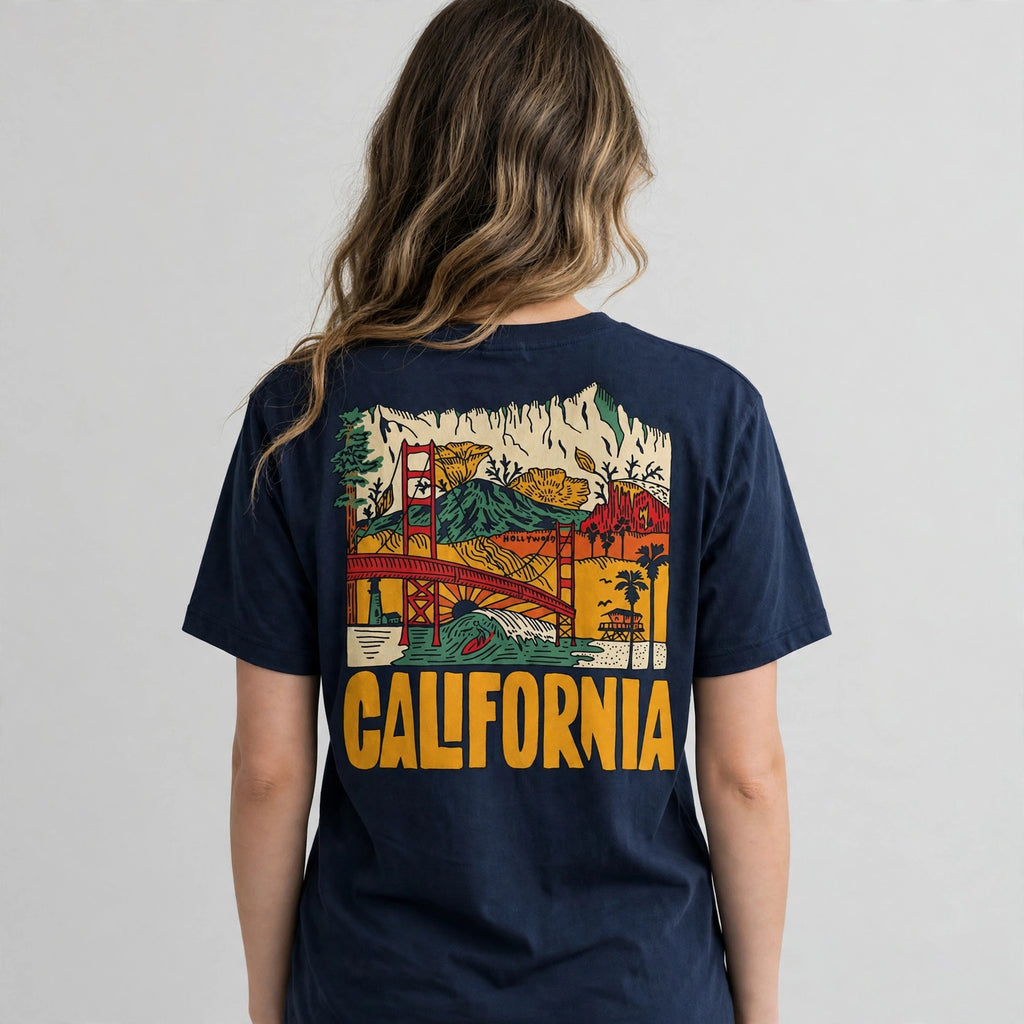 California Mountains Tee – Half Sleeve 180 GSM – worn by actress, back view