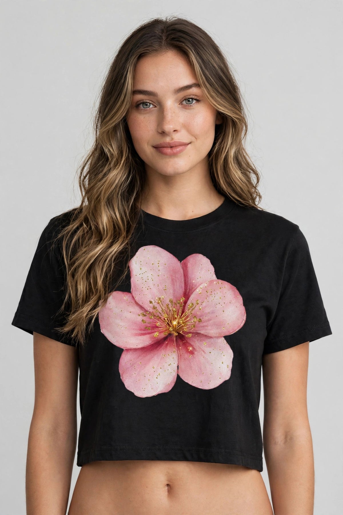 Pink Flower Graphic Crop Top – 180 GSM – worn by actress, front view