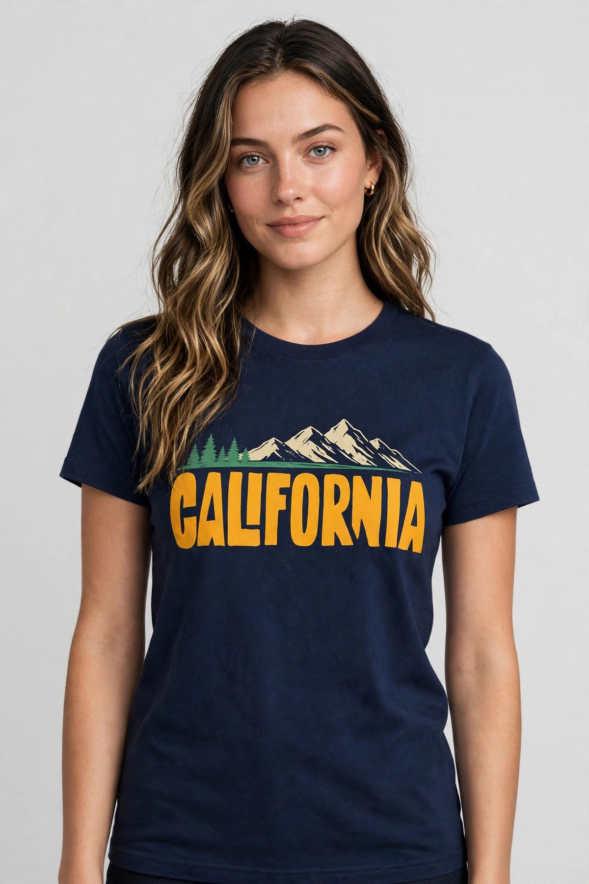 California Mountains Tee – Half Sleeve 180 GSM – worn by actress, front view