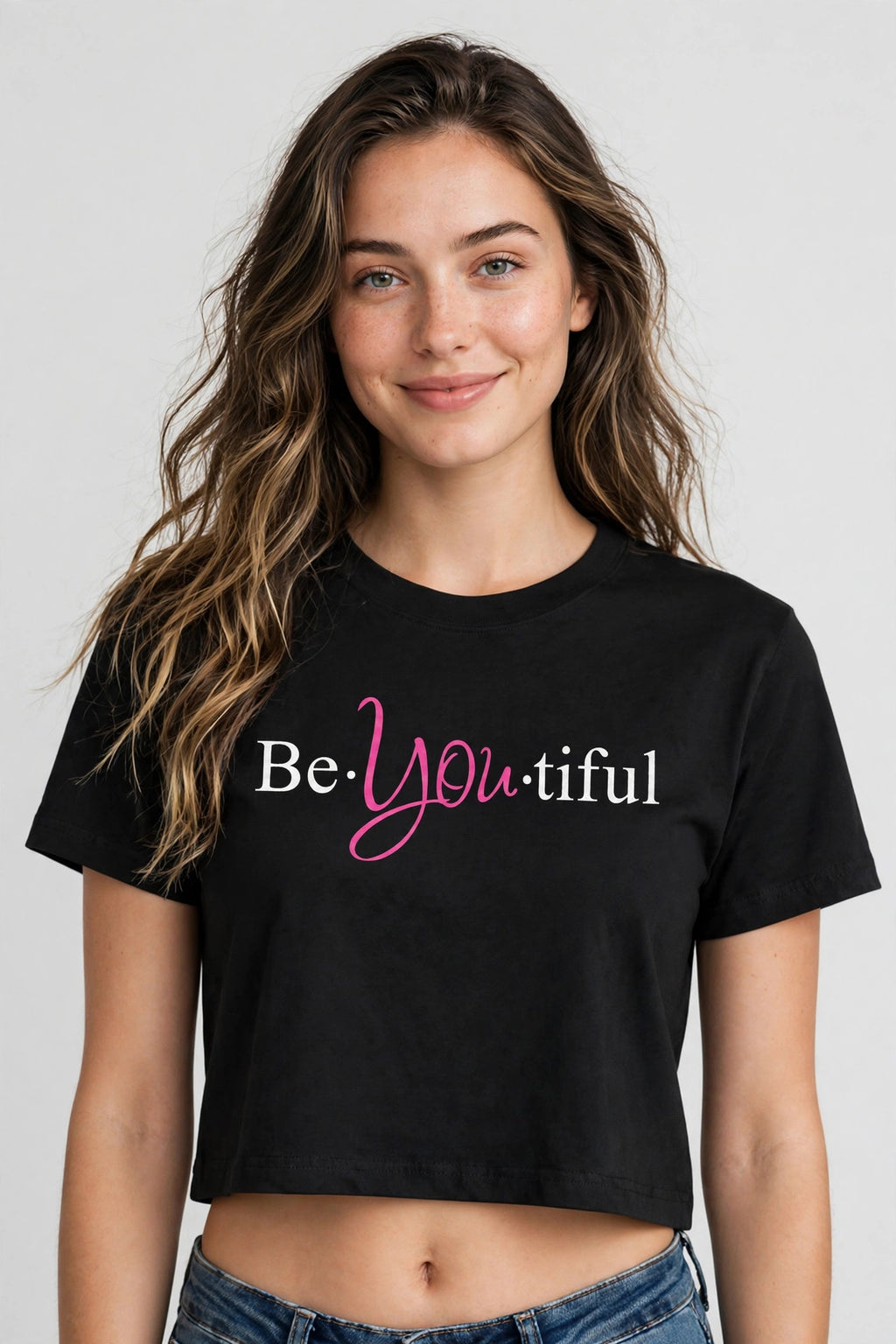 Be-You-Tiful Graphic Crop Top – 180 GSM – worn by actress, front view