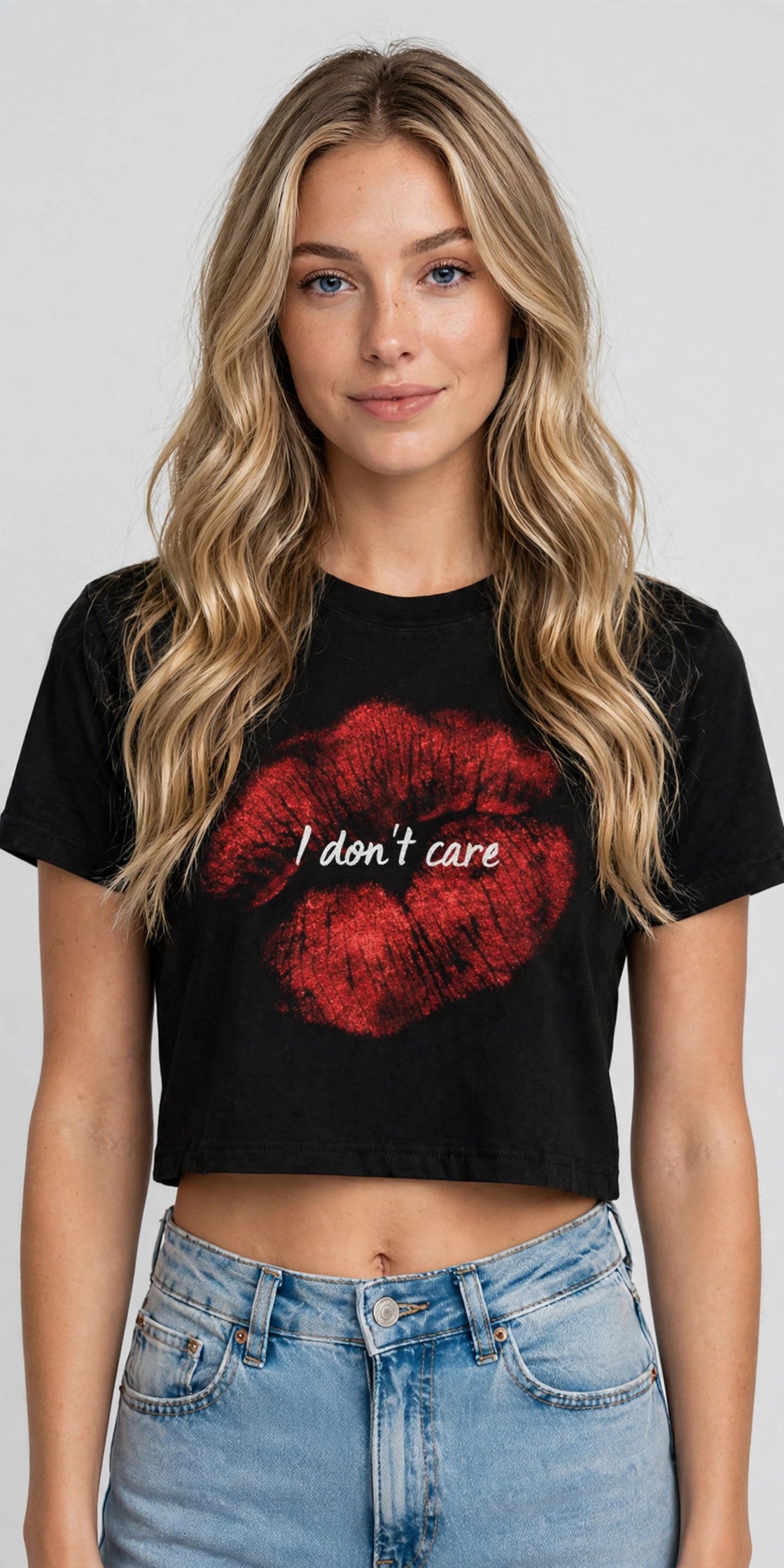 I Don't Care Graphic Crop Top – 180 GSM – worn by actress, front view