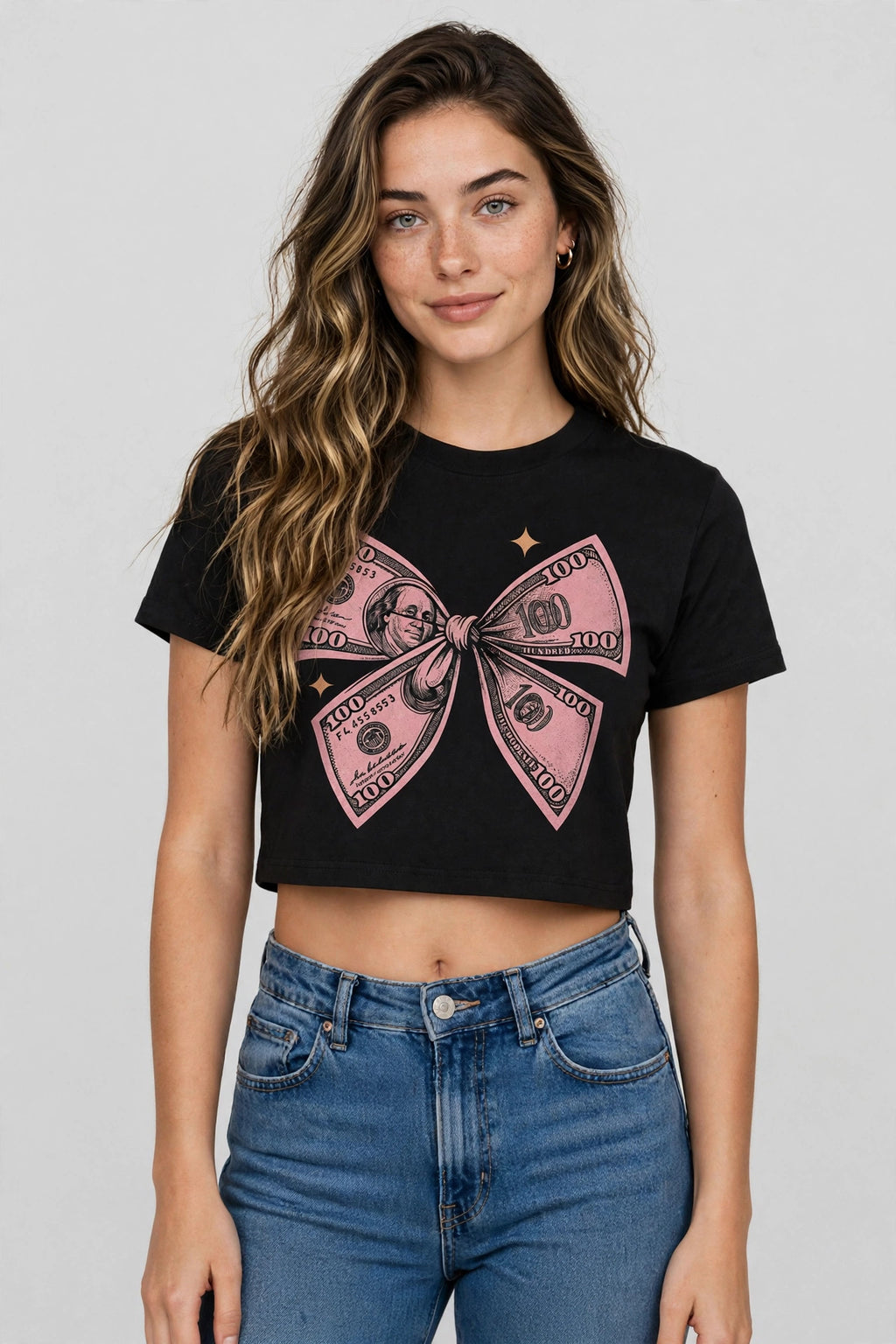 Pretty Money Graphic Crop Top – 180 GSM – worn by actress, front view