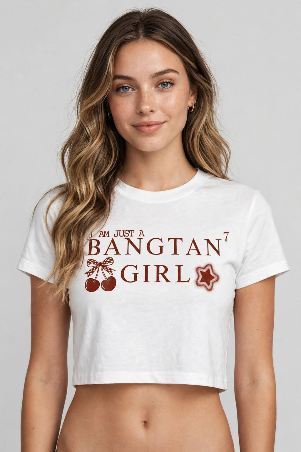 Bangtan Girl Graphic Crop Top – 180 GSM – worn by actress, front view