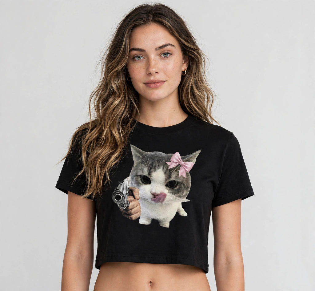 Cat Meme Graphic Crop Top – 180 GSM – worn by actress, front view