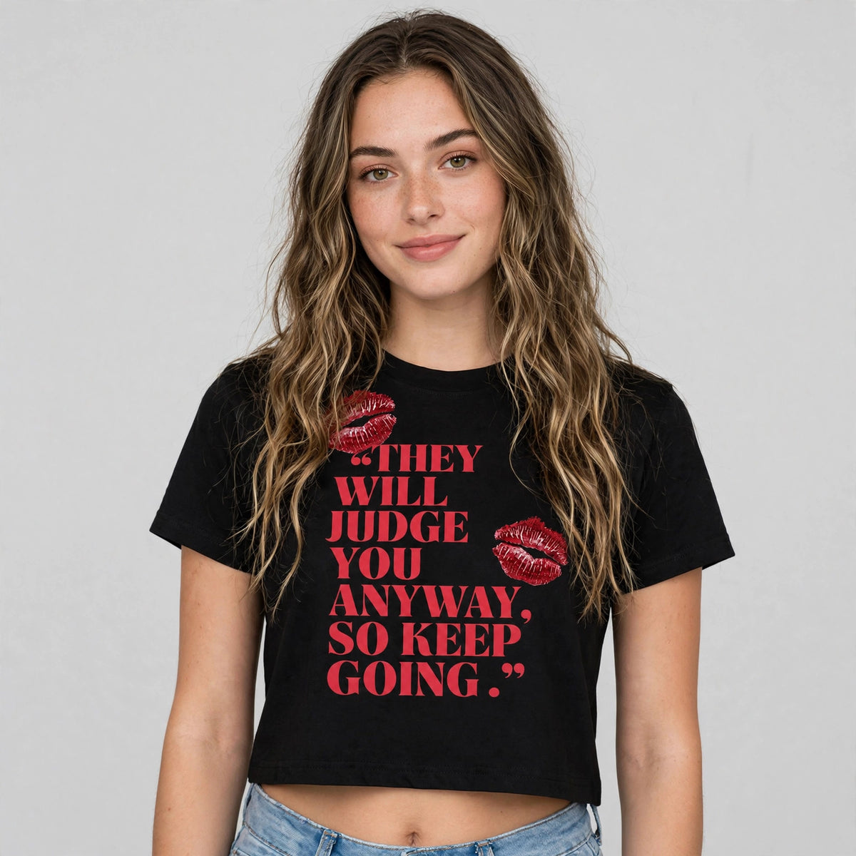 Keep Going Graphic Crop Top – 180 GSM – worn by actress, front view