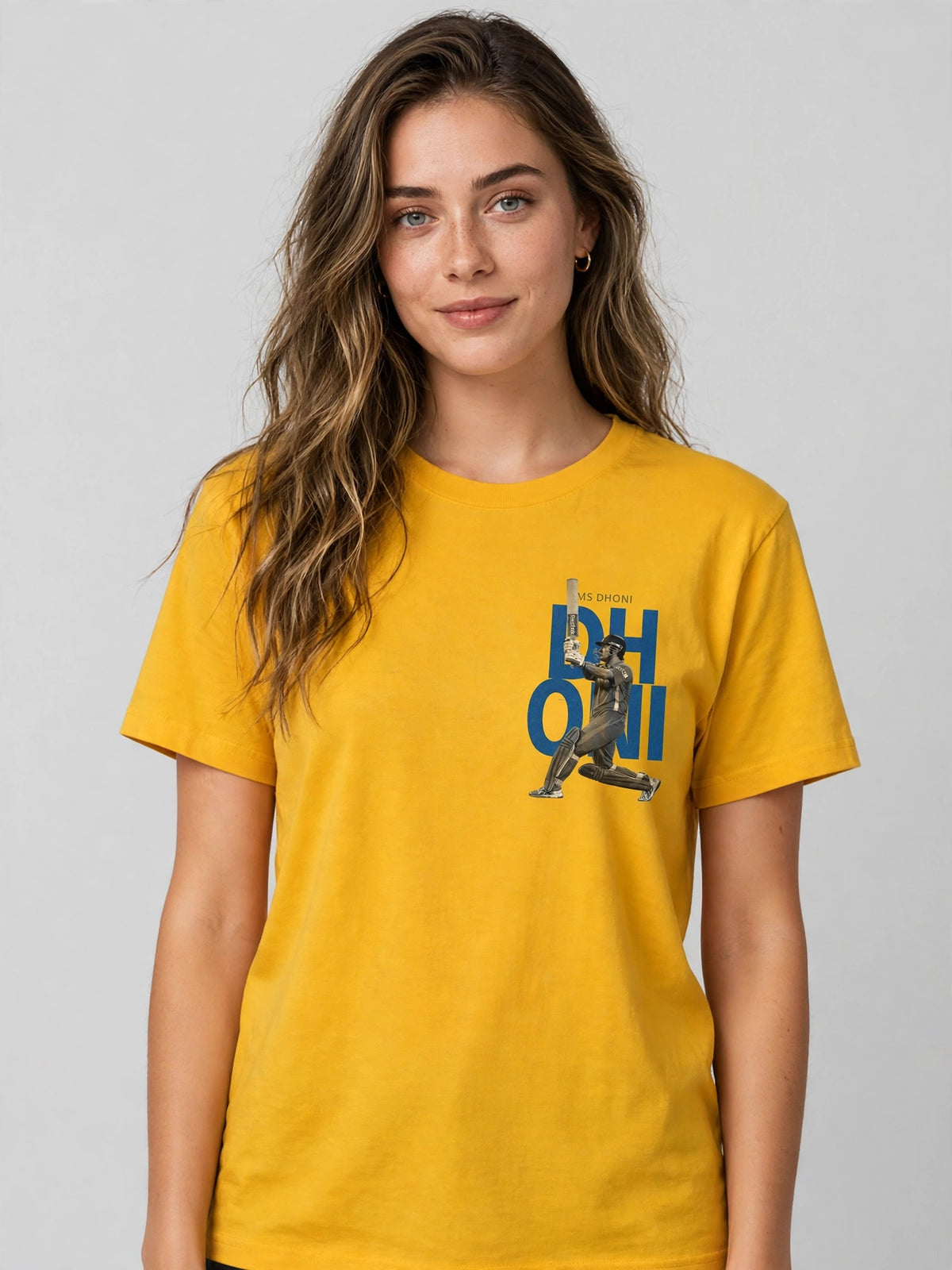 MS Dhoni Cricket Tee – Half Sleeve 180 GSM – worn by actress, front view