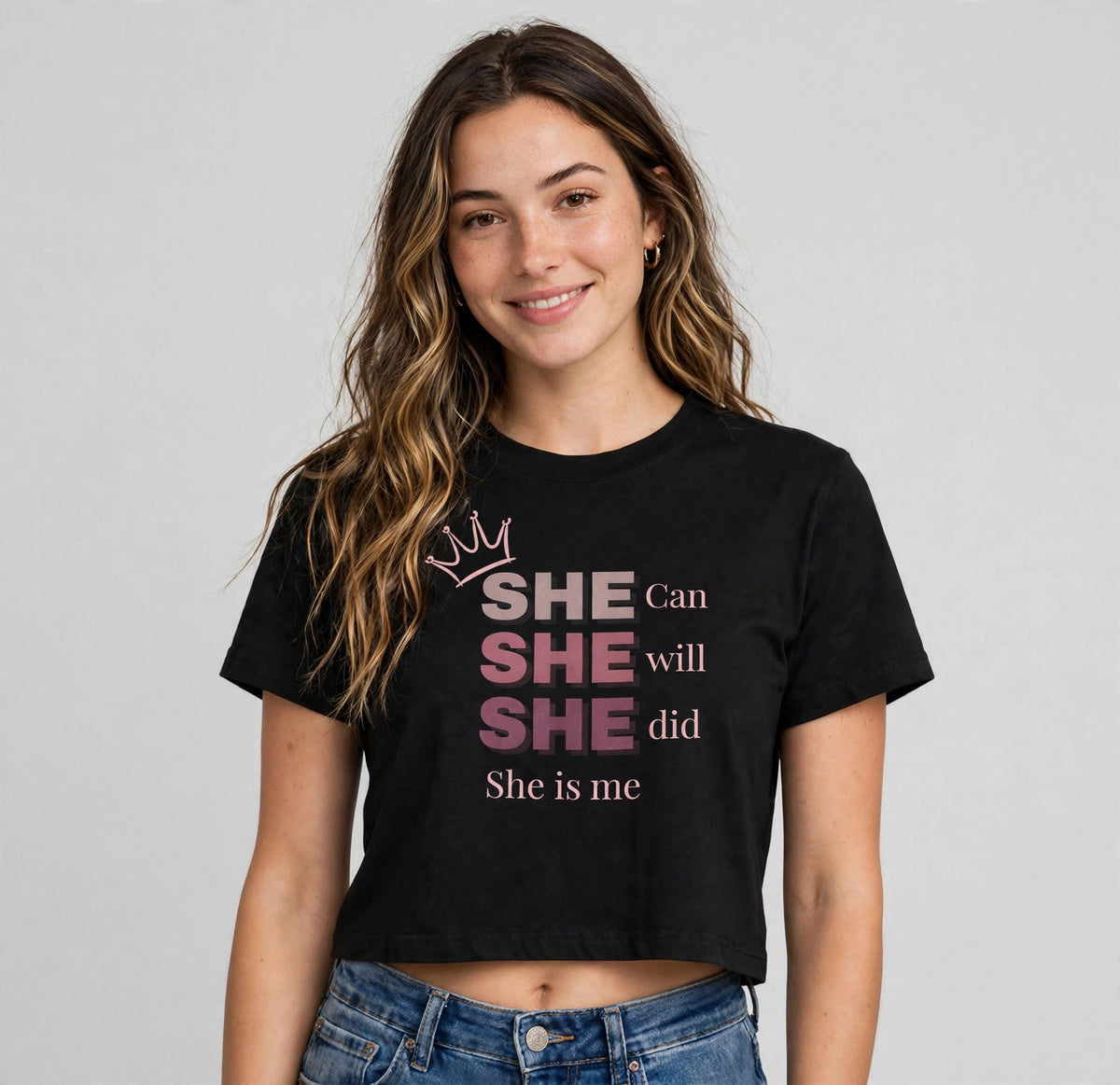 She Is Me Graphic Crop Top – 180 GSM – worn by actress, front view