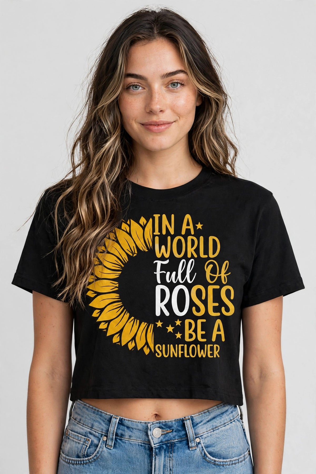 Sunflower Graphic Crop Top – 180 GSM – worn by actress, front view