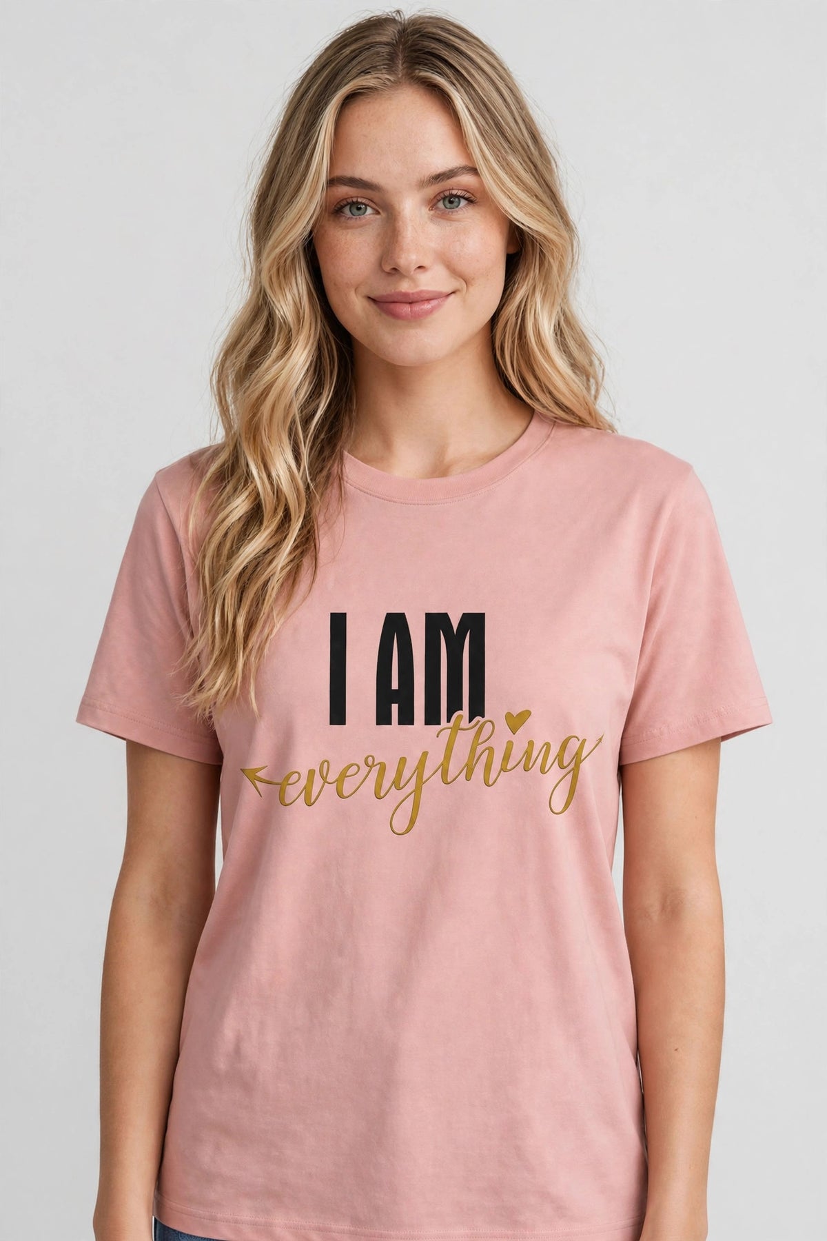 I Have / I Am Couple T-Shirt Set – 180 GSM – worn by actress, front view — women's pink