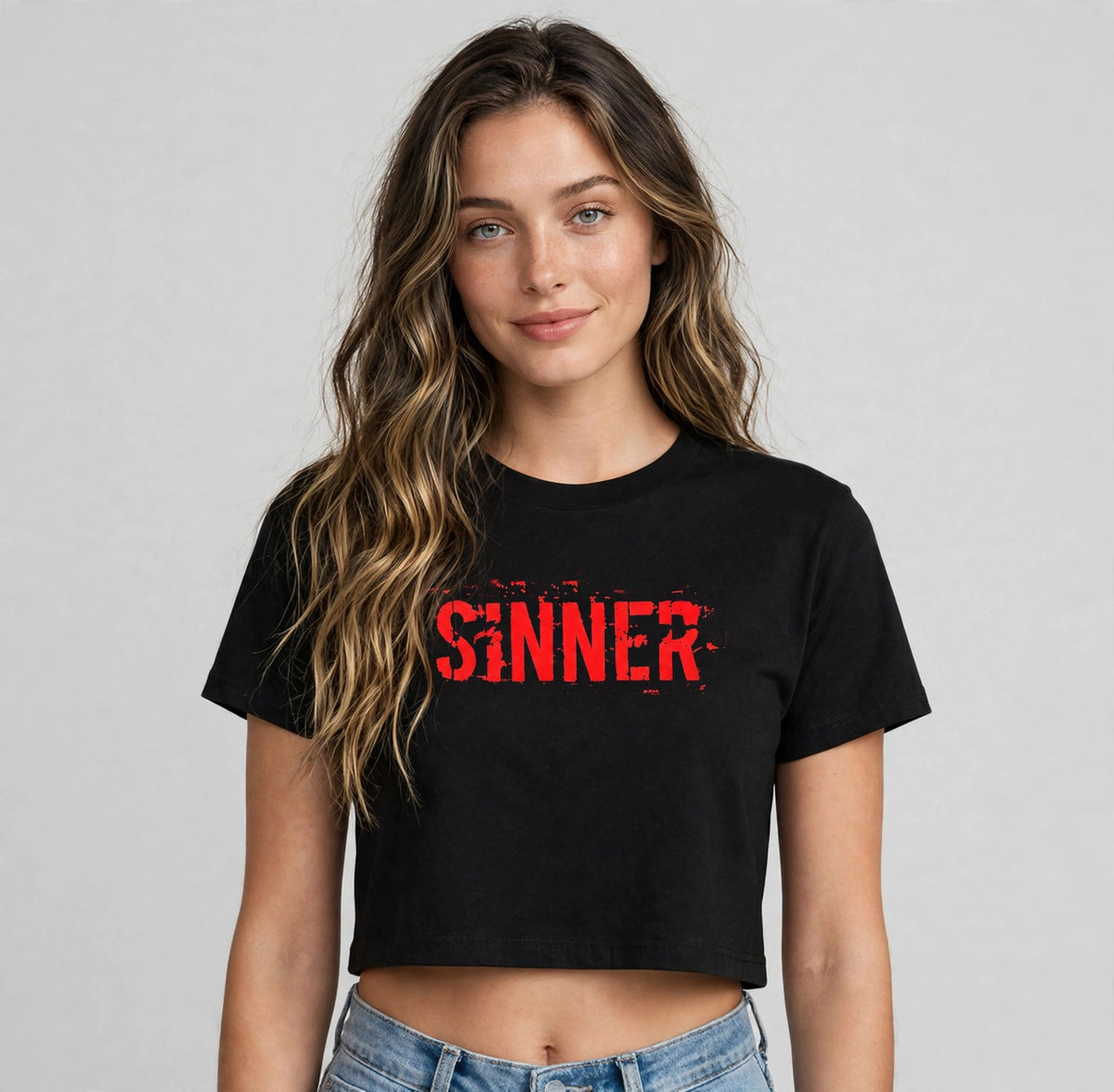 Sinner Graphic Crop Top – 180 GSM – worn by actress, front view
