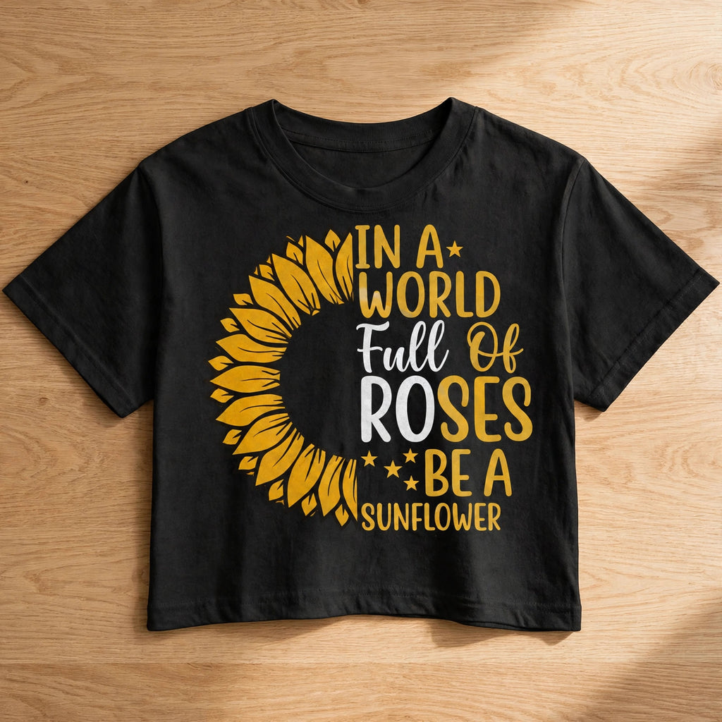 Sunflower Graphic Crop Top – 180 GSM – flat-lay on table