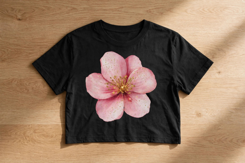 Pink Flower Graphic Crop Top – 180 GSM – flat-lay on table
