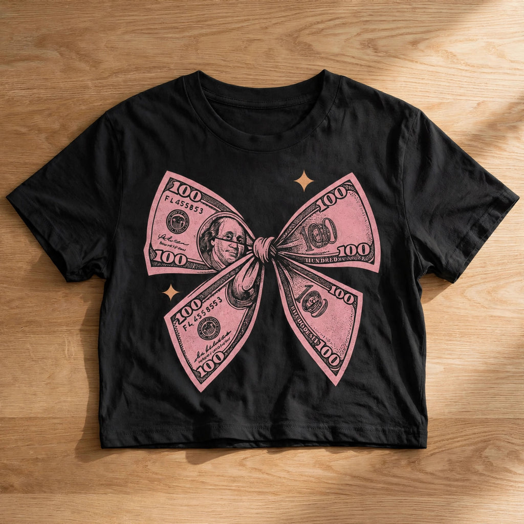 Pretty Money Graphic Crop Top – 180 GSM – flat-lay on table