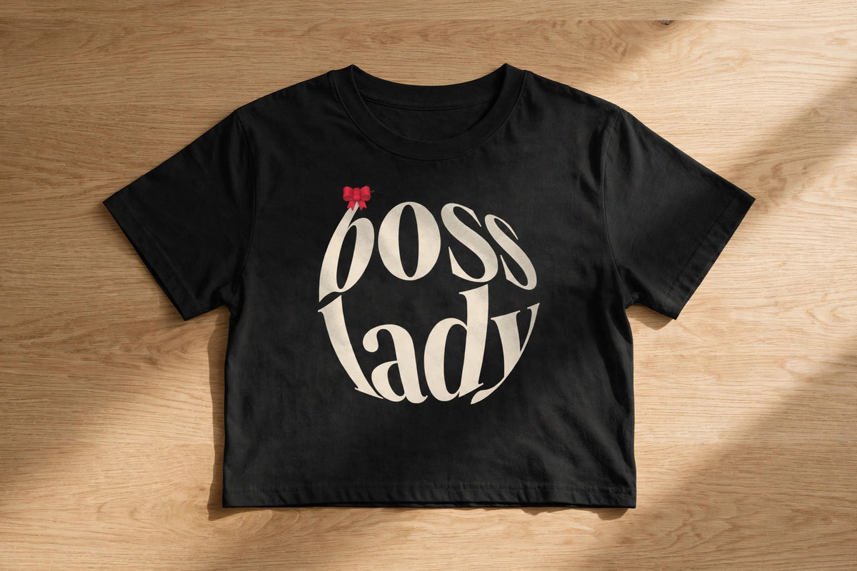 Boss Lady Graphic Crop Top – 180 GSM – flat-lay on table