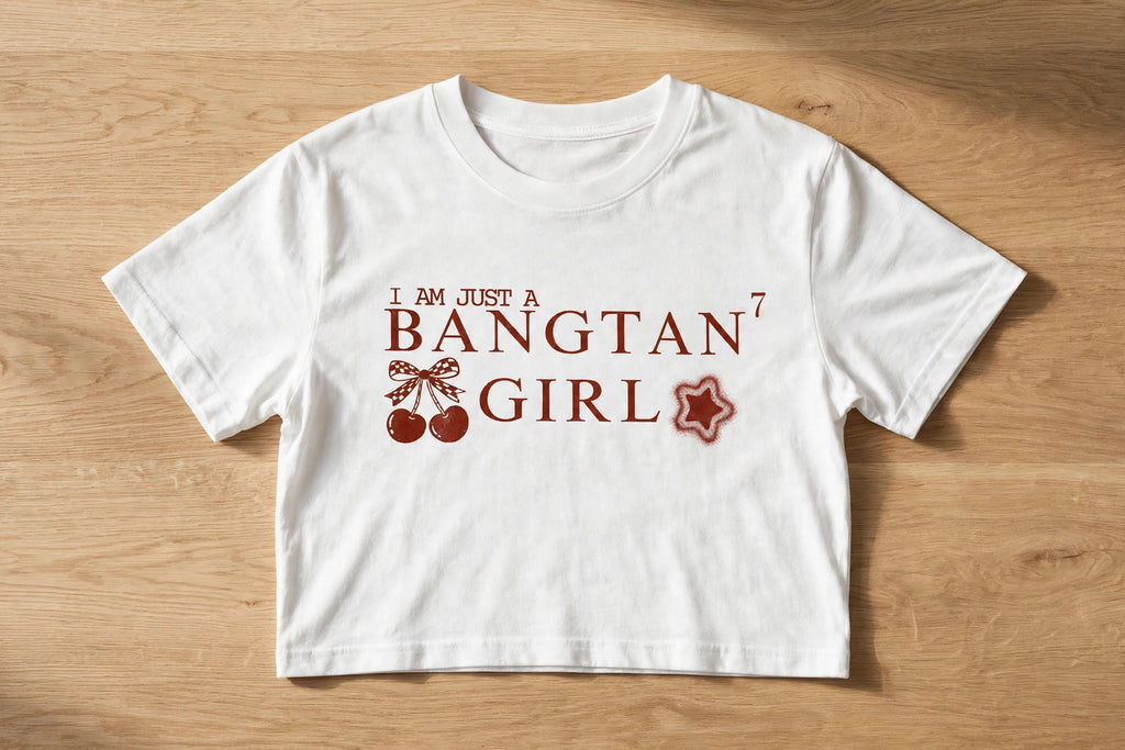Bangtan Girl Graphic Crop Top – 180 GSM – flat-lay on table