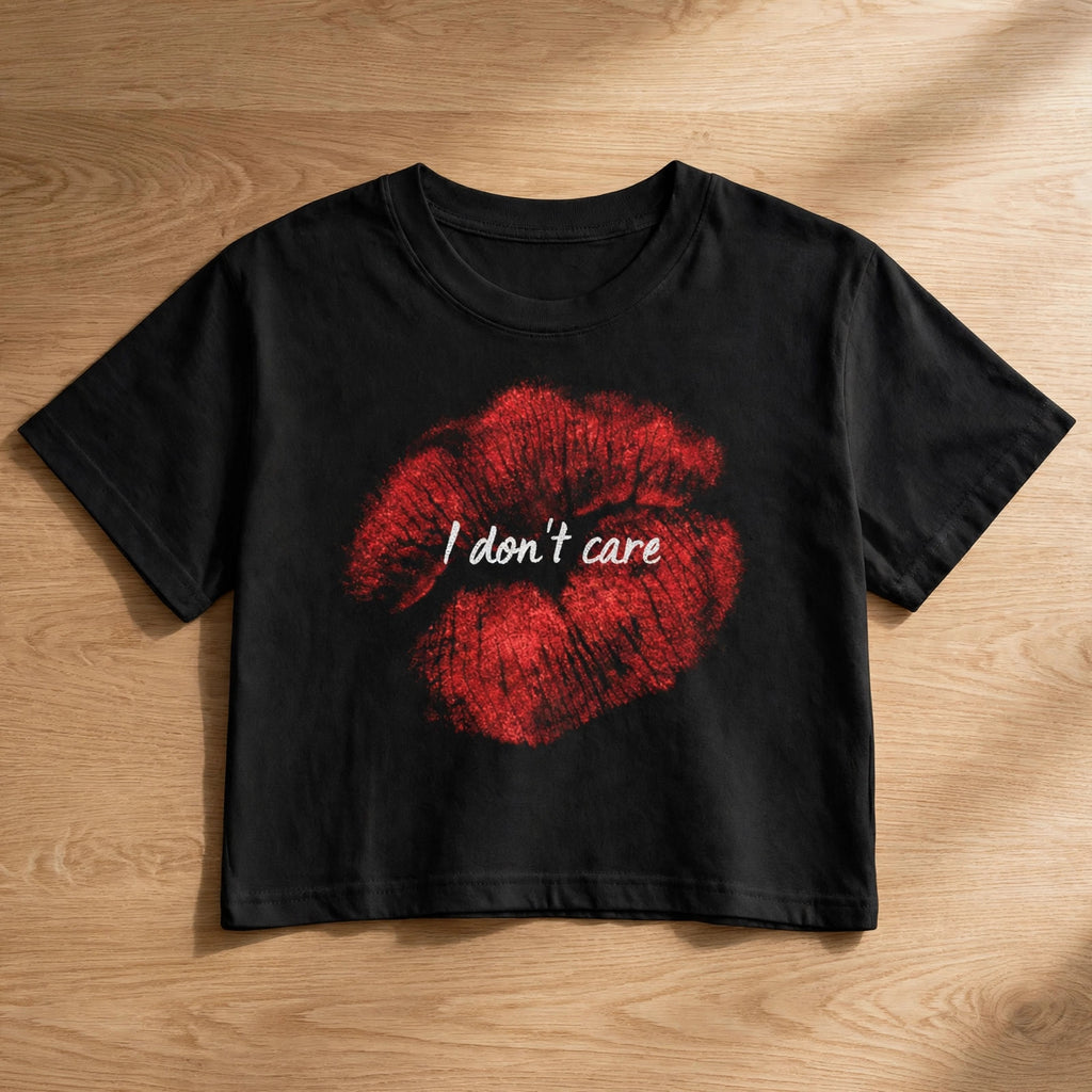 I Don't Care Graphic Crop Top – 180 GSM – flat-lay on table