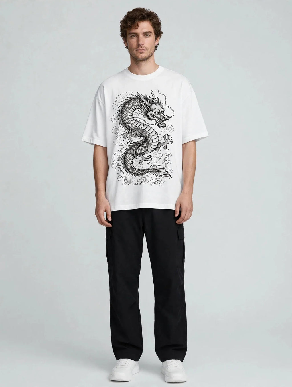 Men White Dragon Graphic Oversized T-Shirt