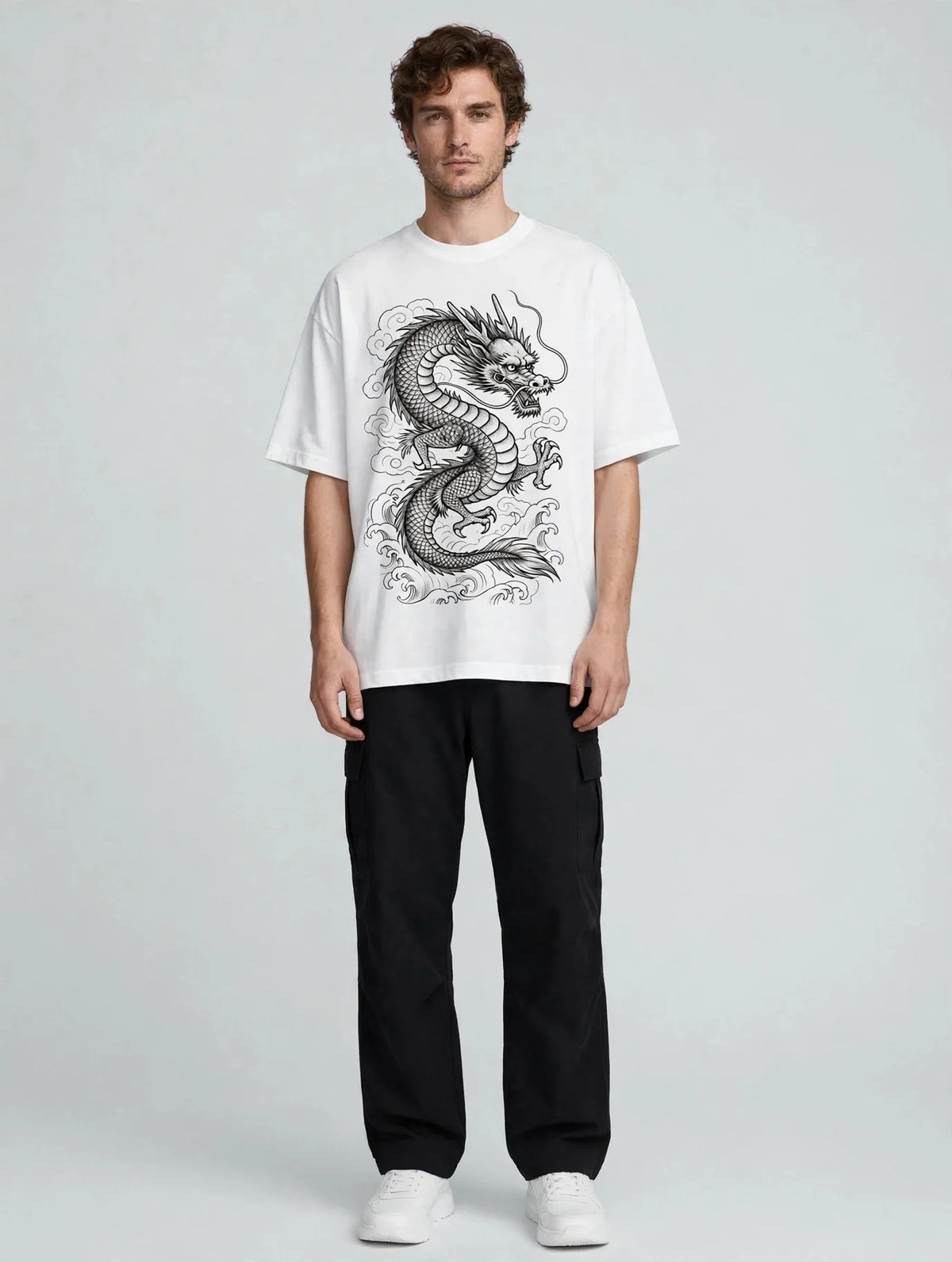 Men White Dragon Graphic Oversized T-Shirt