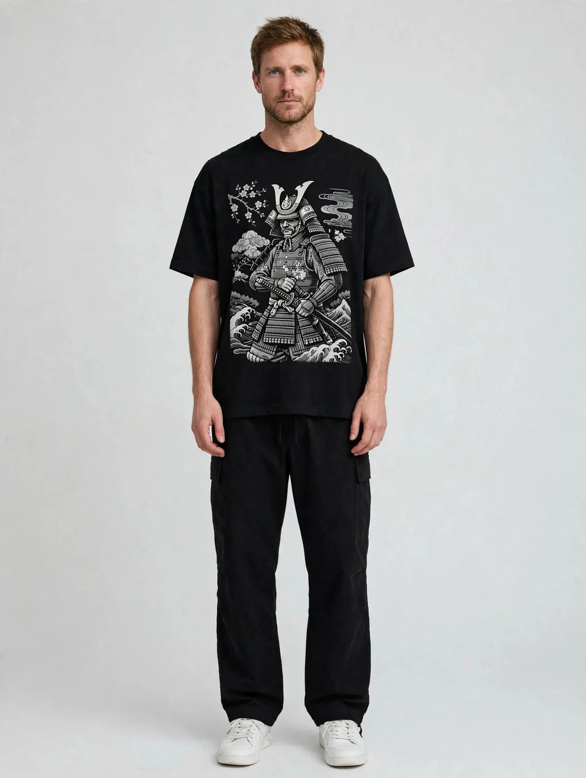 Men Black Samurai Graphic Oversized T-Shirt