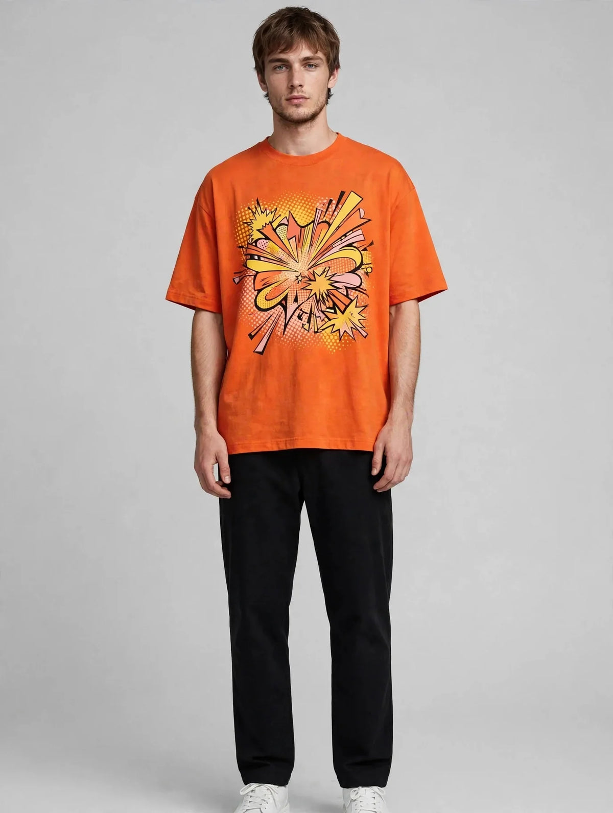 Men Orange Pop Graphic Oversized T-Shirt