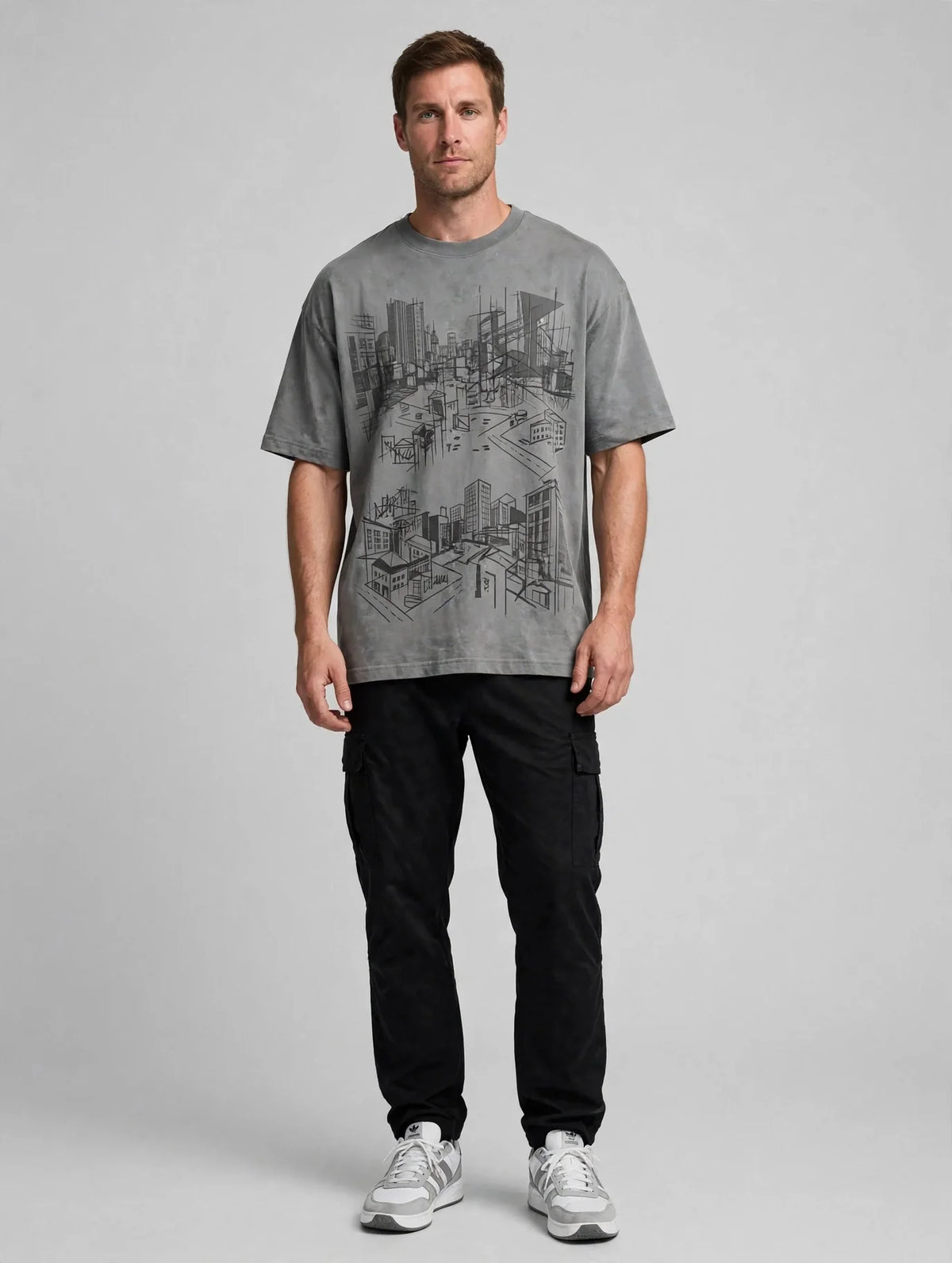Men Grey Urban Graphic Oversized T-Shirt