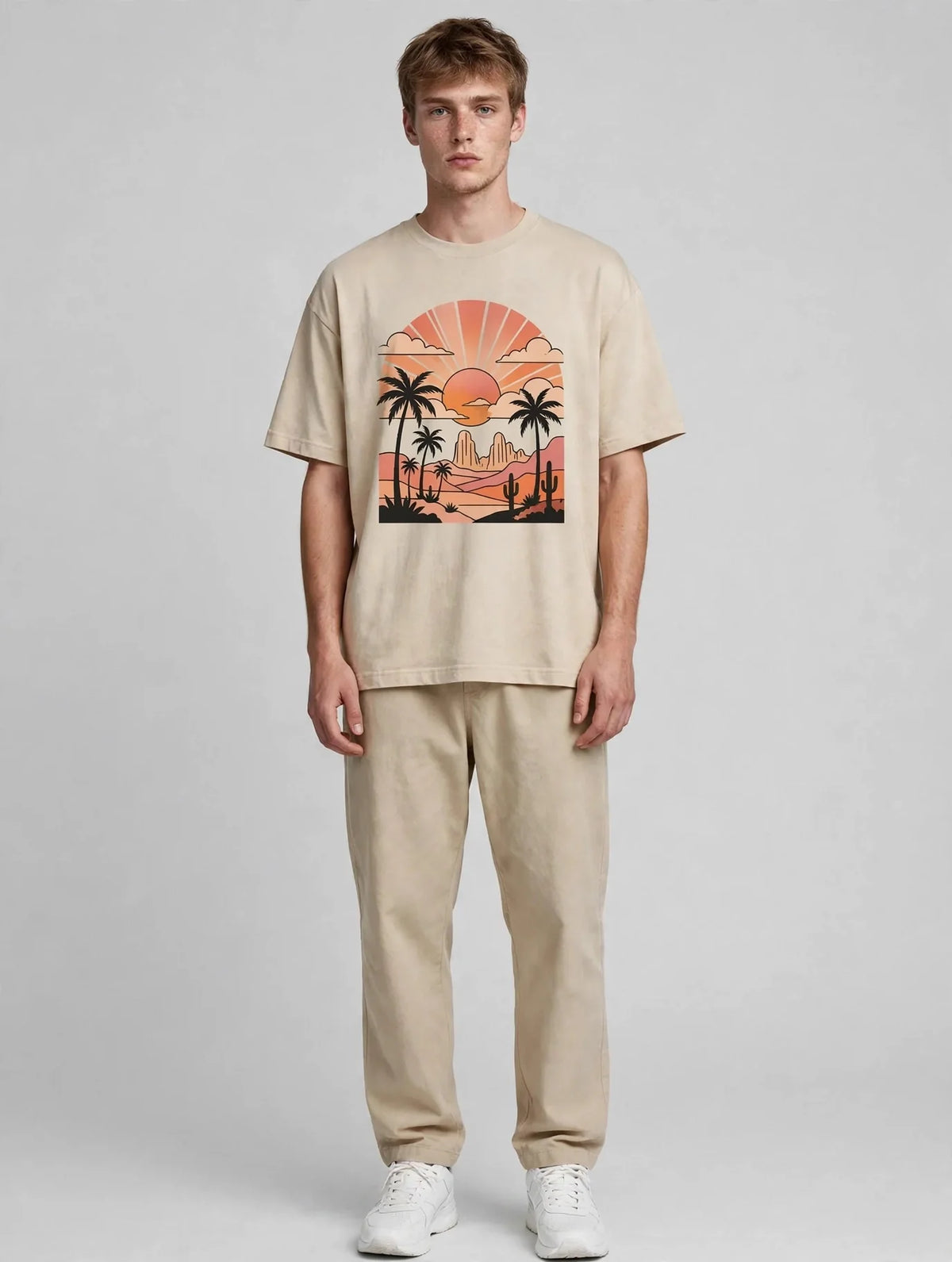 Men Beige Sunset Graphic Oversized T-Shirt