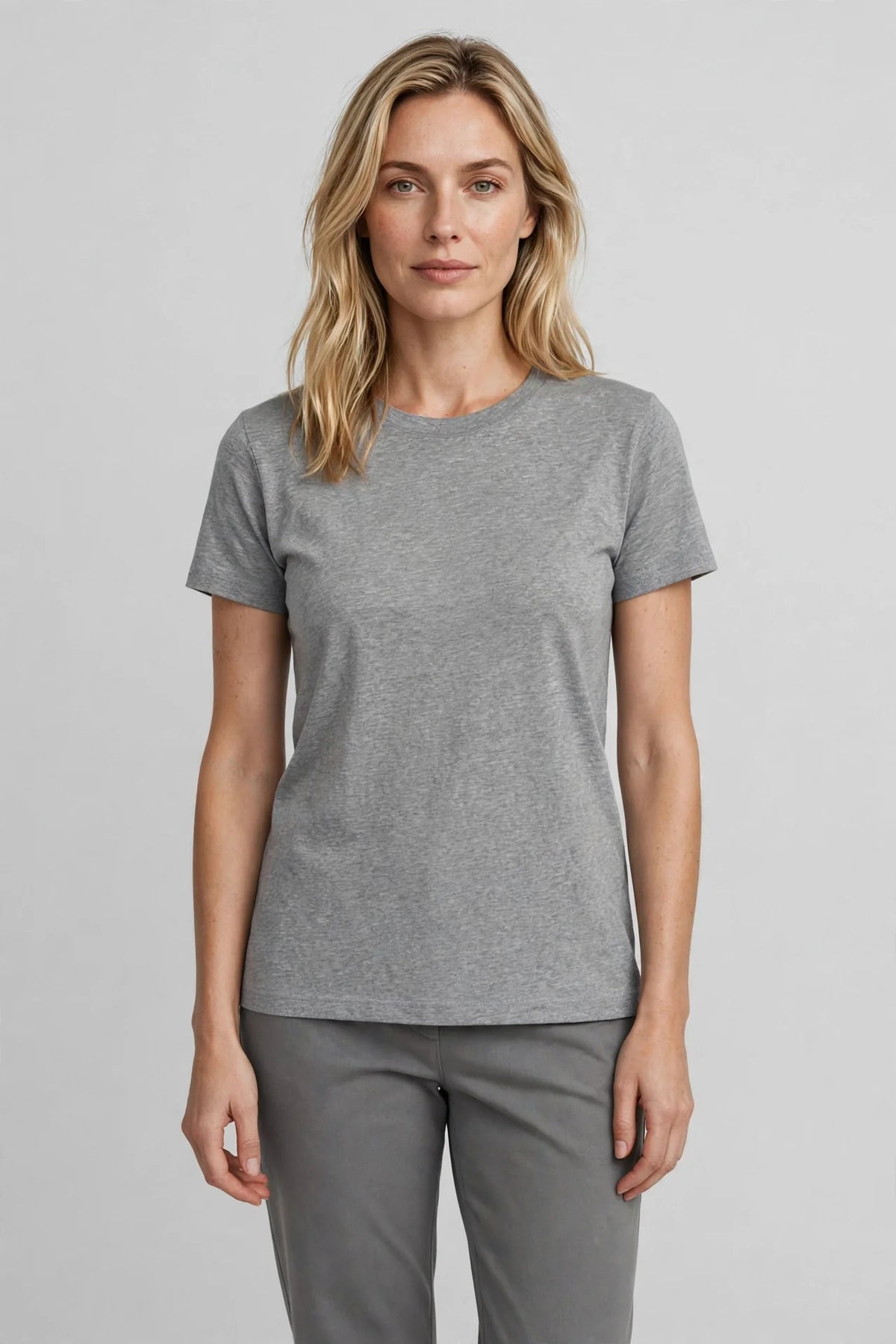 Women Grey Melange Solid T-Shirt - front view