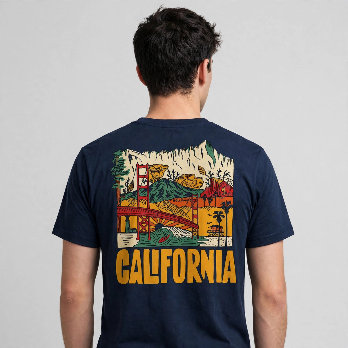 California Mountains Tee – Half Sleeve 180 GSM – worn by actor, back view