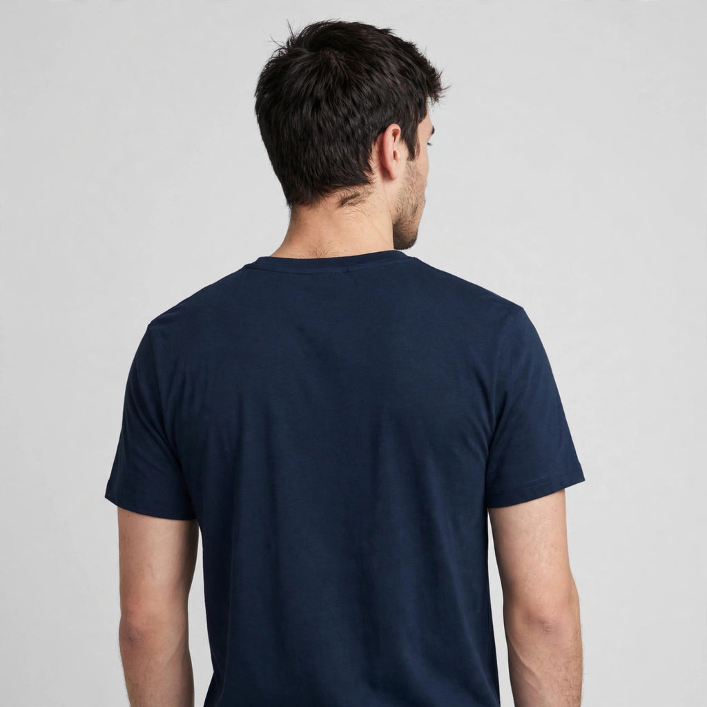 I Have / I Am Couple T-Shirt Set – 180 GSM – worn by actor, back view — men's navy