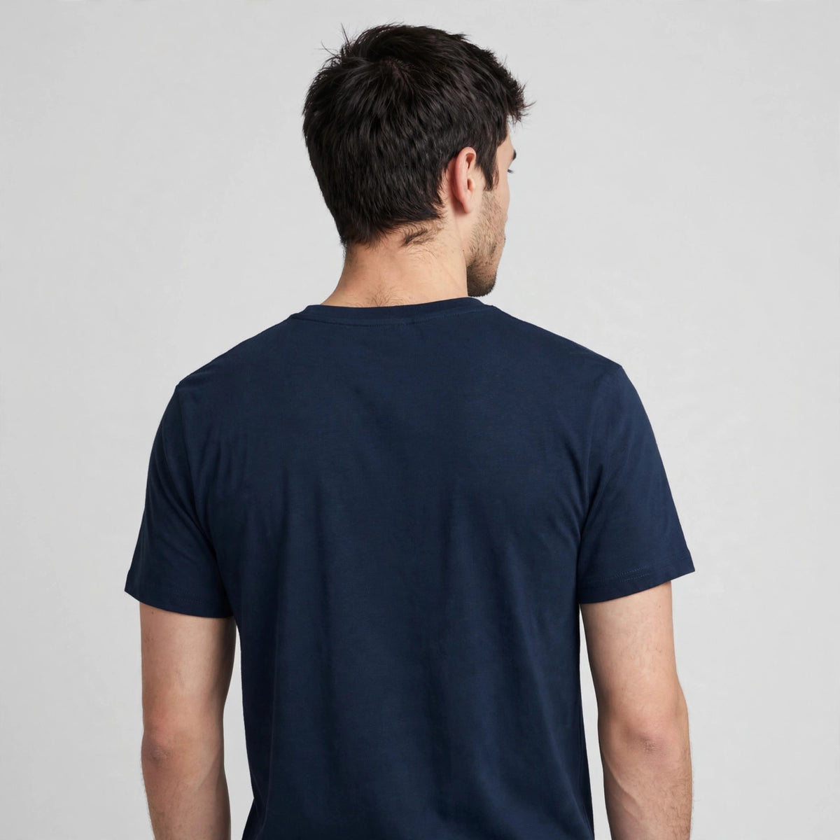 I Have / I Am Couple T-Shirt Set – 180 GSM – worn by actor, back view — men's navy